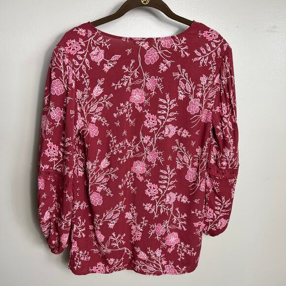 NWT Women's Como Blu 3/4 Sleeve Cottagecore Leaves Red Pink Blouse Boho Small - Picture 7 of 7